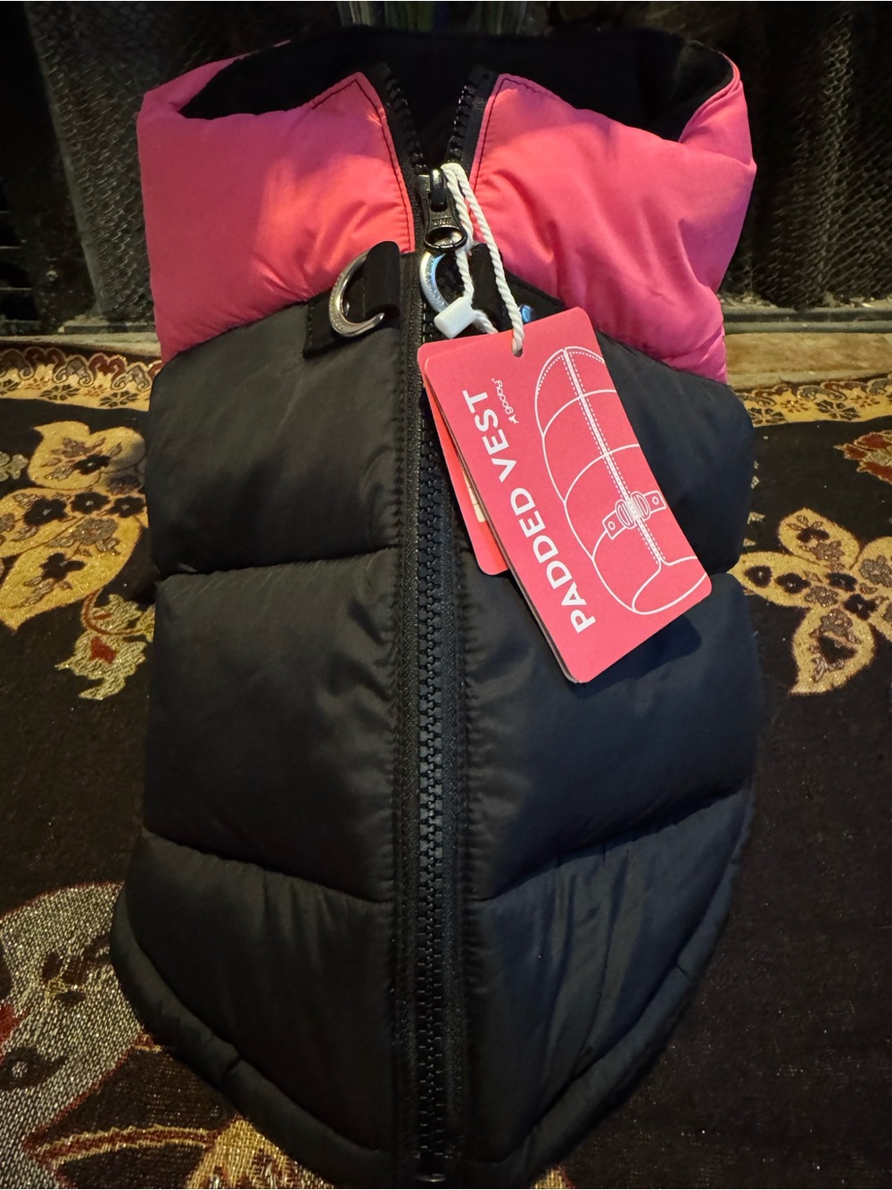 Padded Dog Vest Jacket - Black with Pink Trim